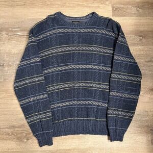 Haggar Mens Large Blue Striped Cable Knit Crewneck Sweater Vintage Cotton Blend